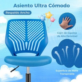 Cadeira de secretária ergonómica para crianças, ajustável em altura Cadeira giratória sem braços com rodas universais para o escritório em casa Azul