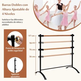 Barra de Ballet 120 cm Portátil Barra Dupla Independente Altura Ajustável 56/76/96/116 cm Adultos e Crianças Preto