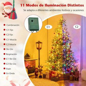 Árvore de Natal artificial pré-iluminada com dobradiças, 210 cm, com 300 luzes LED em branco quente e multicoloridas, 11 modos, 678 pontas verde