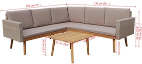 4 pcs conjunto lounge de jardim c/ almofadões vime PE cinzento
