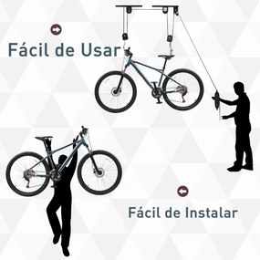 HOMCOM Suporte de bicicletas de teto Roldanas Cordas Altura Ajustável25,1x 8,7x 1,5 cm carga 20kg