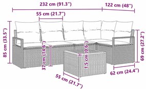 Conjunto de Sofá de Jardim com 6 Peças e Almofadas Cinza em Rattan de