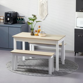 Conjunto de mesa de jantar de 3 peças com 2 bancos encaixáveis para 4-6 pessoas, estilo contemporâneo, em aglomerado cor carvalho e branco