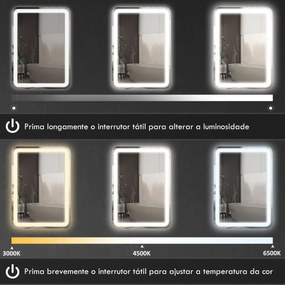 Espelho Casa de Banho com Luzes LED 70x90 cm Função Antiembaciamento 3 Temperaturas de Cor Ajustável e Função de Memória Prata