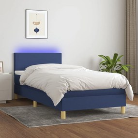Cama box spring c/ colchão e LED 100x200 cm tecido azul