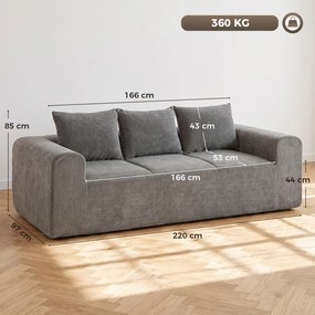 Sofá 3 Lugares em Chenille 220 cm, Sofá de Sala Moderna com Assento e Braços Largos, 3 Almofadas, Cinza