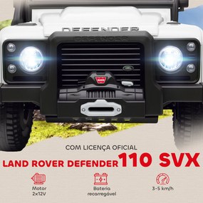 Carro Elétrico para Crianças com Licença Land Rover 12V Controlo Remoto Sistema de Suspensão USB MP3 Velocidade Ajustável Faróis 115x61x61 cm Branco