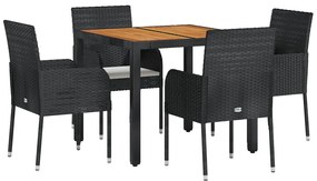5 pcs conjunto de jantar p/ jardim c/ almofadões vime PE preto