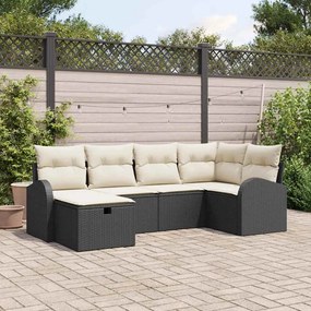 Conjunto de Sofá de Jardim 6 Peças com Almofadas Preto Rattan Poliéste