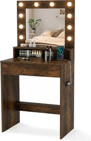 Toucador de Maquilhagem com Espelho LED, 66 x 40 x 136 cm, 3 Modos de Iluminação, Castanho+Preto