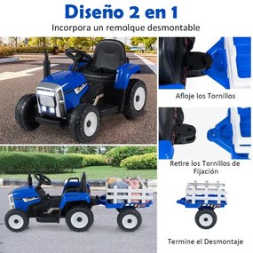 Trator com reboque para crianças com comando 2.4 G, 3 velocidades e luzes LED, até 30 kg, 135 x 51 x 53 cm Azul