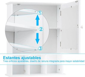 Armário de casa de banho com espelho de parede com porta e Estante Armário de arrumação  50 x 16 x 61 cm branco