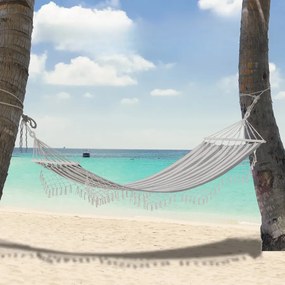 Cama Rede de Jardim 200x100 cm Rede Suspensa com Travessas de Madeira para Pátio Varanda Campismo Creme e Cinza