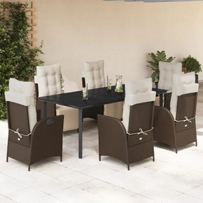 7 pcs conjunto jantar p/ jardim c/ almofadões vime PE castanho