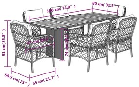 7 pcs conjunto de jantar p/ jardim com almofadões vime PE bege