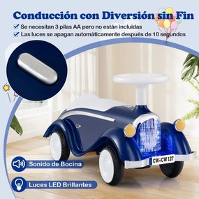 Andarilho carro clássico deslizante com volante, buzina, luz LED e espaço de armazenamento sob o assento para crianças de 19 a 36 meses, azul escuro