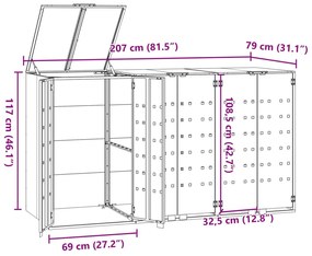 Abrigo para 3 caixotes do lixo 207x79x117 cm aço cinzento
