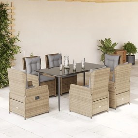 7 pcs conjunto de jantar p/ jardim com almofadões vime PE bege