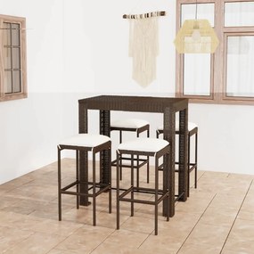 vidaXL 5 pcs conjunto de bar p/ jardim com almofadões vime PE castanho