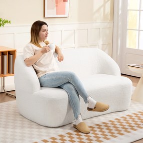 Sofá de 2 Lugares Estofado em Borreguito Sofá de Sala de Estar com Desenho Curvo e Acolchoamento Grosso142x85x73,5 cm Creme