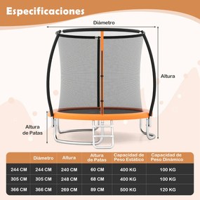 Trampolim para exterior com cerca de segurança, escada e pernas curvas robustas para crianças e adultos, 244 cm, laranja