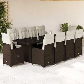 vidaXL 11 pcs conj. de bistrô p/ jardim c/ almofadões vime PE castanho