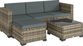 Outsunny Conjunto de Jardim em Vime de 5 Peças Inclui Almofadas 2 Poltronas de Canto Poltrona sem Braços Apoia-Pés e Mesa de Centro Cinza Escuro | Aosom Portugal