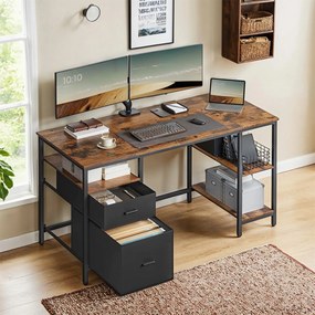 Secretaria com 3 prateleiras e 2 gavetas, 60 x 140 x 76 cm (T x B x H) castanho vintage-preto