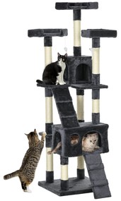 PawHut Arranhador Gato Grande 49x49x173 cm Múltiplos Níveis Cavernas Brinquedos Suspensos Confortável Diversão Cinza Escuro