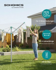 Estendal de roupa com altura ajustável 139,4 x 139,4 x (120-180) cm e fixação ao chão para 4 cargas de roupa, prateado-verde