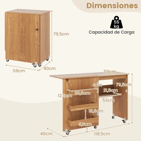 Mesa de costura dobrável com prateleira, 3 compartimentos ocultos e rodas bloqueáveis, 118,5 x 40 x 79,5 cm, natural