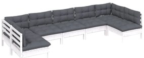 7 pcs conj. lounge de jardim c/ almofadões pinho maciço branco