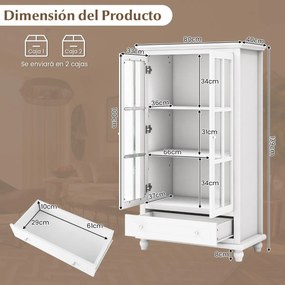 Estante arrumação com portas de vidro temperado e estante ajustável para escritório e sala de estar 80 x 40 x 139 cm Branco