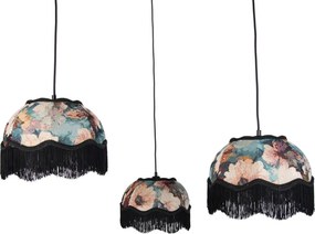 Candeeiro suspenso preto com abajur floral e interior branco 31,5cm 3-luzes - Cava