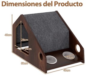 Casa de madeira para gatos 60 x 40 x 40 cm de interior com comedouro Teto removível e estrutura metálica  Castanho