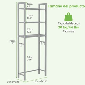 Estante casa de banho sobre a sanita de metal que economiza espaço com 3 ganchos e 3 níveis 63 x 26,5 x 170 cm Cinzento