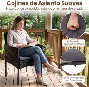 Conjunto de móveis de jardim de 3 peças em rattan com 2 cadeiras e Mesa auxiliar de vidro para terraço, pátio ou varanda Cinzento+Preto