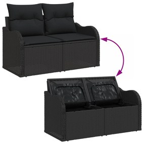 Conjunto de Sofá de Jardim vidaXL com Almofadas Preto Rattan Poliéster