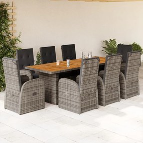 9 pcs conjunto de jantar p/ jardim c/ almofadões vime PE cinza