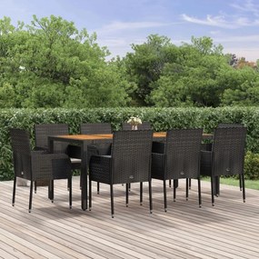 9 pcs conjunto de jantar p/ jardim c/ almofadões vime PE preto