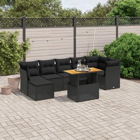 8 pcs conjunto sofás de jardim com almofadões vime PE preto