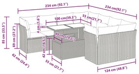 9 pcs conjunto sofás p/ jardim com almofadões vime PE cinzento