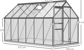 Estufa de jardim em alumínio e policarbonato com base, estufa com janela ajustável e porta de correr 190 x 375 x 199 cm