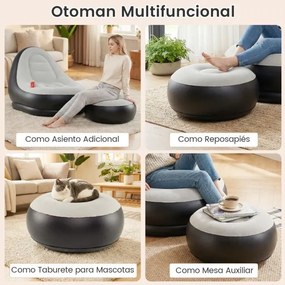 Sofá insuflável com pufe portátil, superfície felpuda e porta-copos integrado Sem bomba, para uso no exterior, interior e acampamento, cinzento + pret