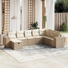 8 pcs conjunto de sofás p/ jardim com almofadões vime PE bege