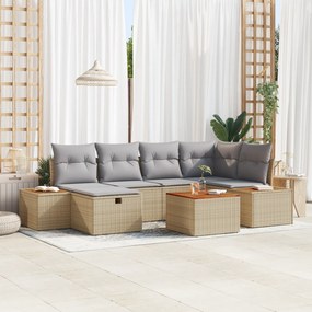 Conjunto de Sofá de 7 Peças com Almofadas Bege de Rattan Sintético