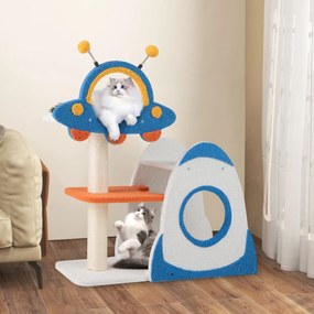 Arranhador para gatos 80 x 33 x 87 cm de 4 níveis em forma de OVNI com de 2 níveis em forma de foguetão Azul+Branco+Amarelo+Laranja