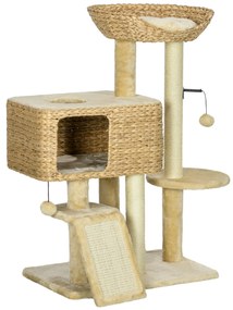 Pawhut Árvore para Gatos com Arranhador Toca Cesto de Observação Plataformas Pompons Suspensos 60x40x98 cm Bege | Aosom Portugal