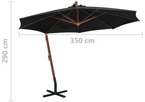 Guarda-sol de jardim suspenso com poste abeto maciço preto