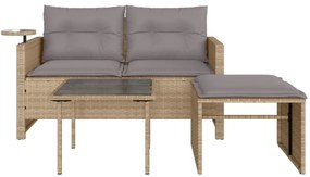 3 pcs conjunto de sofás p/ jardim com almofadões vime PE bege